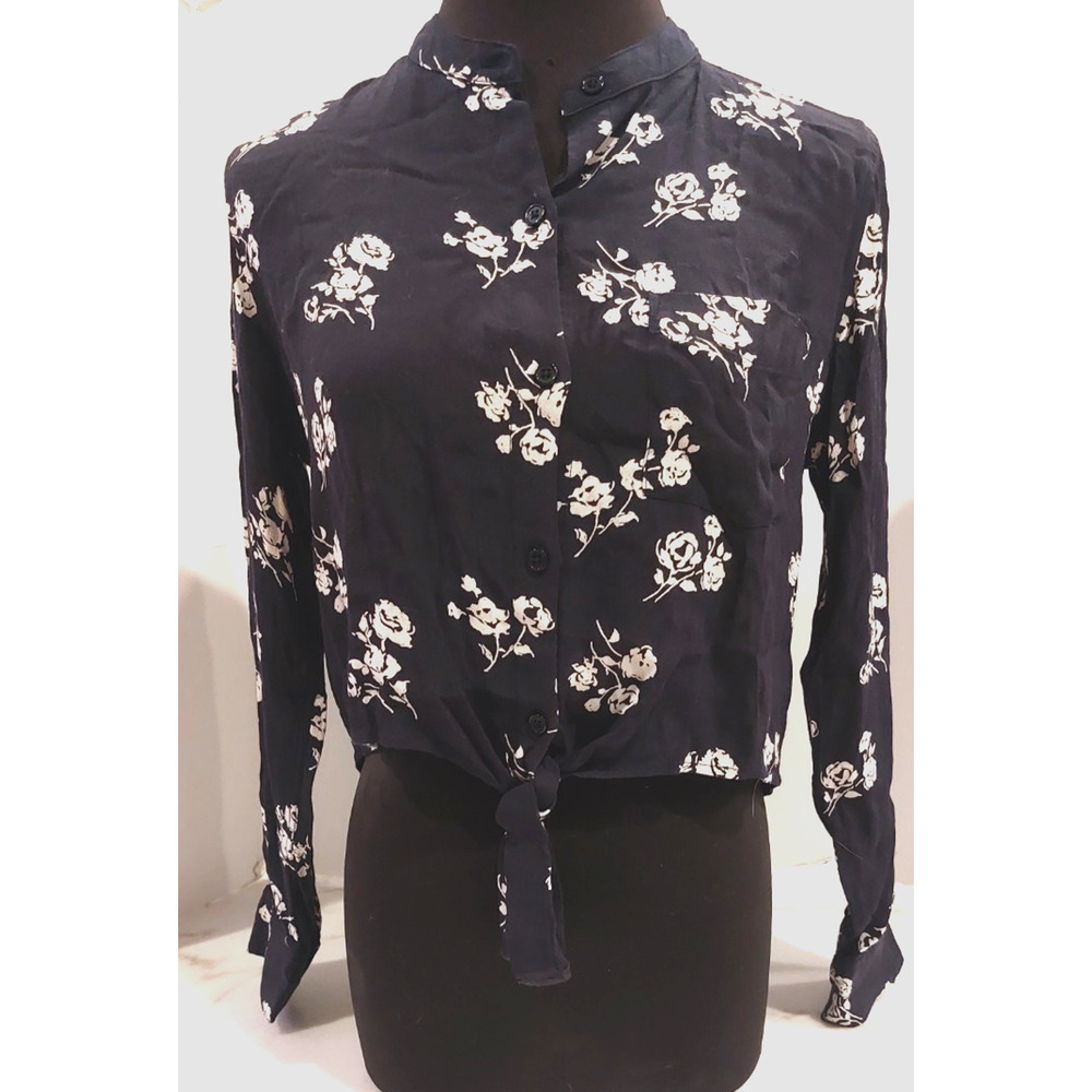 Rails Blue‎ White Floral Front Tie Cropped Long Sleeve Blouse Women's XS